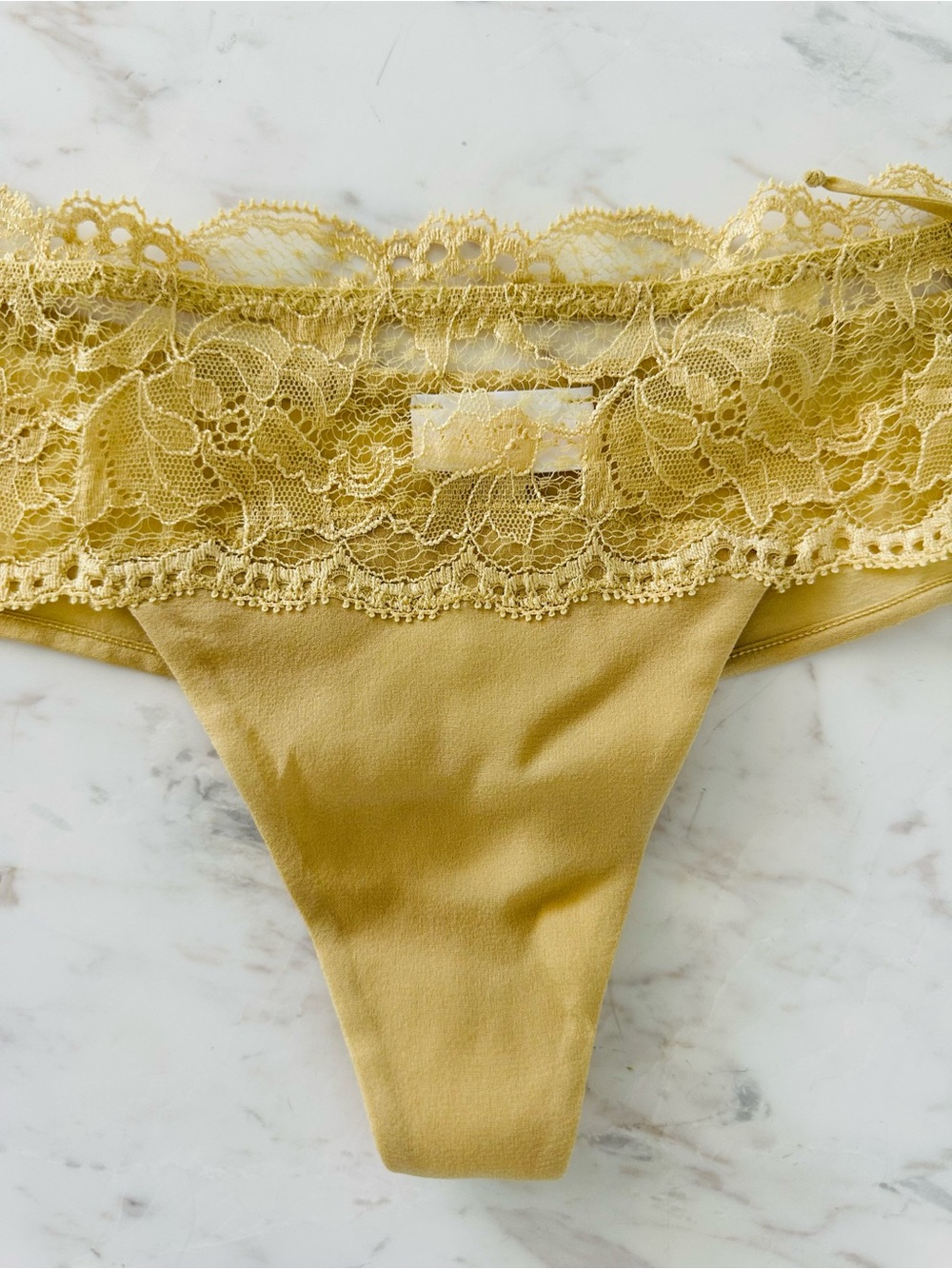 La Perla Lace-Trim Thong in Golden Beige Size Small